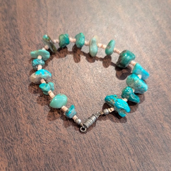 Vintage Turquoise Chunky Nugget & Shell Bead Bracelet Native American 1970s - Picture 7 of 8